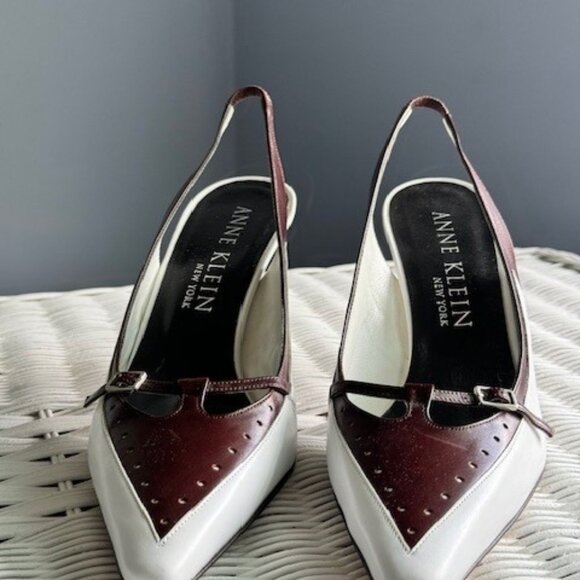 Anne Klein New York White & Brown Spectator Sling Back Sandals - Picture 1 of 5